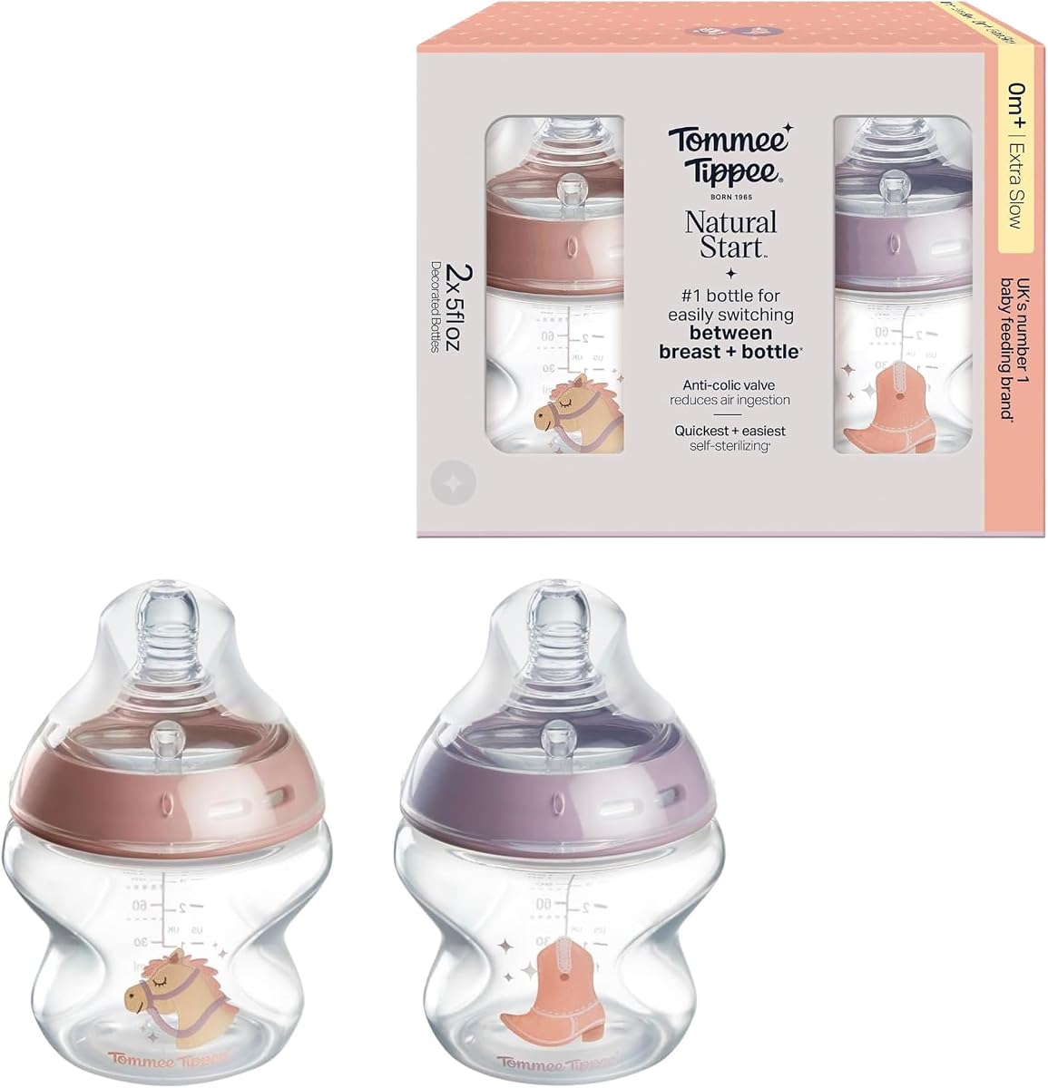 Biberones para recién nacidos Natural Start, 0m+, 5oz | Paquete de 2, pezón de flujo lento para un cierre natural, autoesterilizante, tema vaquero, sin BPA