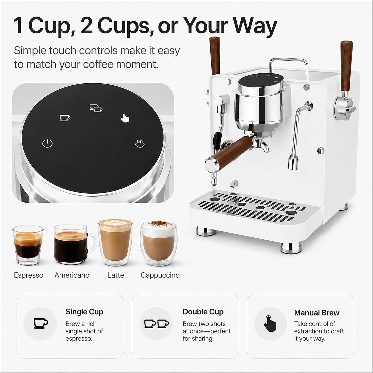 MEGAWISE KF-825 Espresso Machine with Milk Frother, 20 Bar Semi-Automatic Coffee Maker, 1.18L Water Tank, Stainless Steel Design for Espresso, Cappuccino and Latte, White