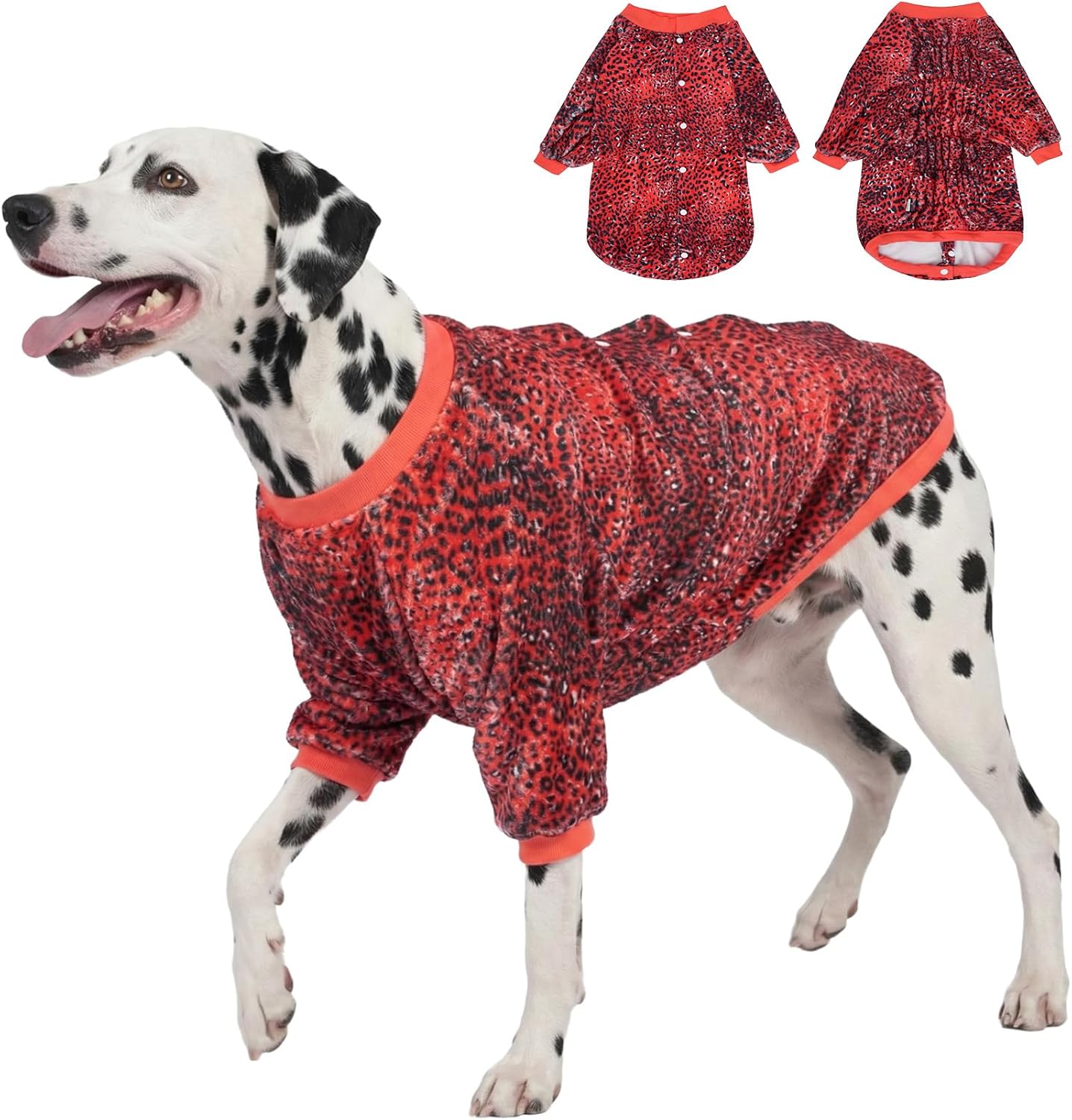 LovinPet Large Dog Winter Flannel Coat, Warm Dog Coat with Front Sleeves and Snap Buttons, Easy-Care Full-Coverage Layer for Cold Weather, Pink Dot Leopard Prints, L