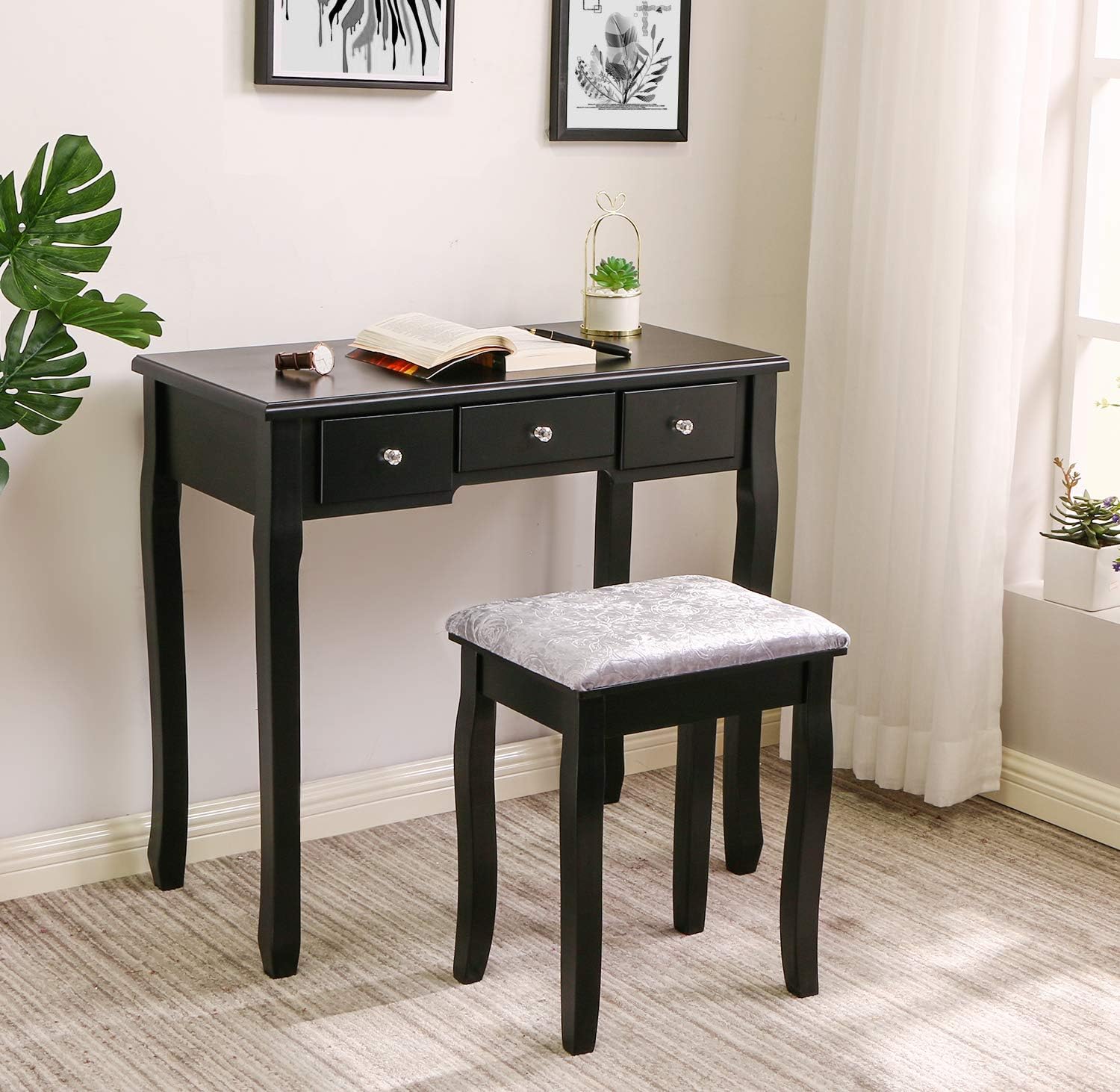 BEWISHOME Vanity Table Set with Mirror & Cushioned Stool Dressing Table Vanity Makeup Table 5 Drawers 2 Dividers Movable Organizers Black FST01H