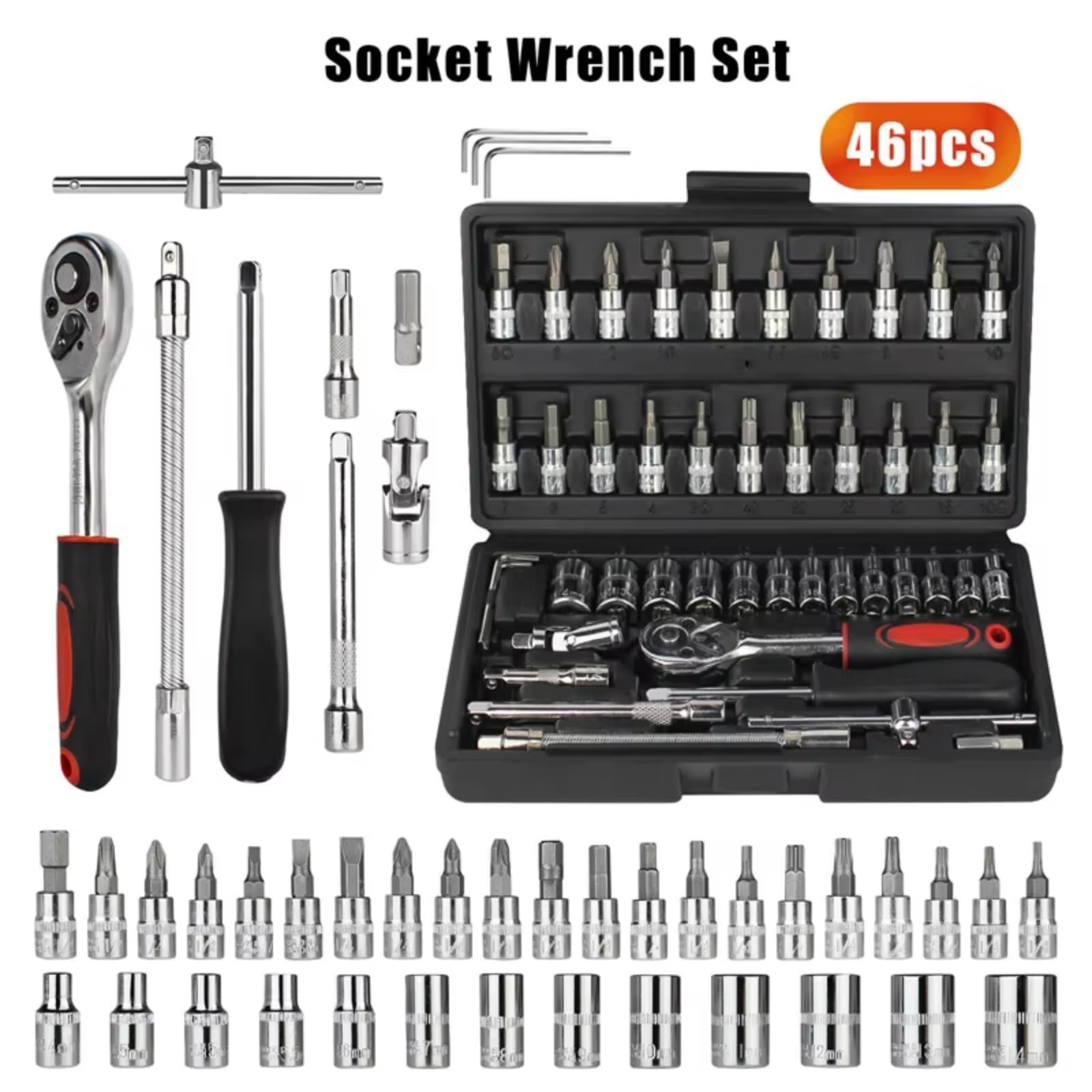 Maletín herramientas multiusos Kit Herramientas Reparación Automóviles Juego Llaves Torsión De Trinquete De 1/4 Pulgadas Conjunto De Reparación Automática Herramienta Mecánica 46 Uds.