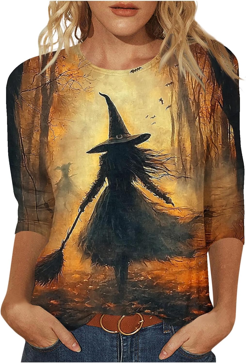 2025 Halloween Shirts for Women 3/4 Sleeve Witch Graphic Tees Vintage Festival Tops Crew Neck Sweatshirts Funny Gifts