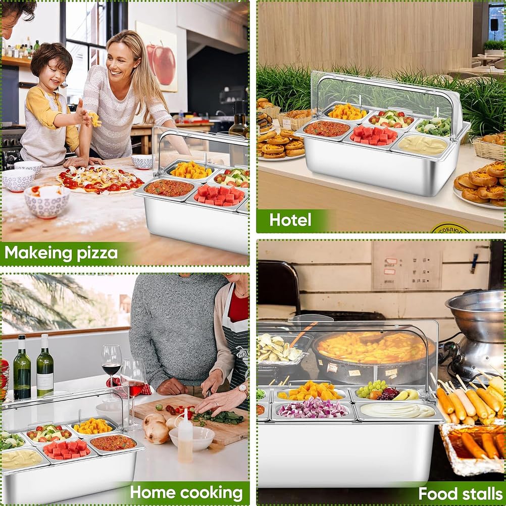 Stazione per pizza, vassoio in acciaio inox con coperchio trasparente per salse e condimenti, ideale per cucina e ristorante