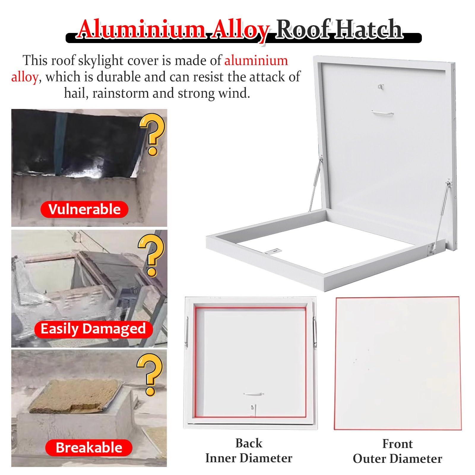 Pokrywa włazu dachowego, kwadratowe drzwi zabezpieczające dach ze stopu aluminium z otwieraniem pod kątem 90° i uchwytem przełącznika zapewniającym bezpieczne wejście