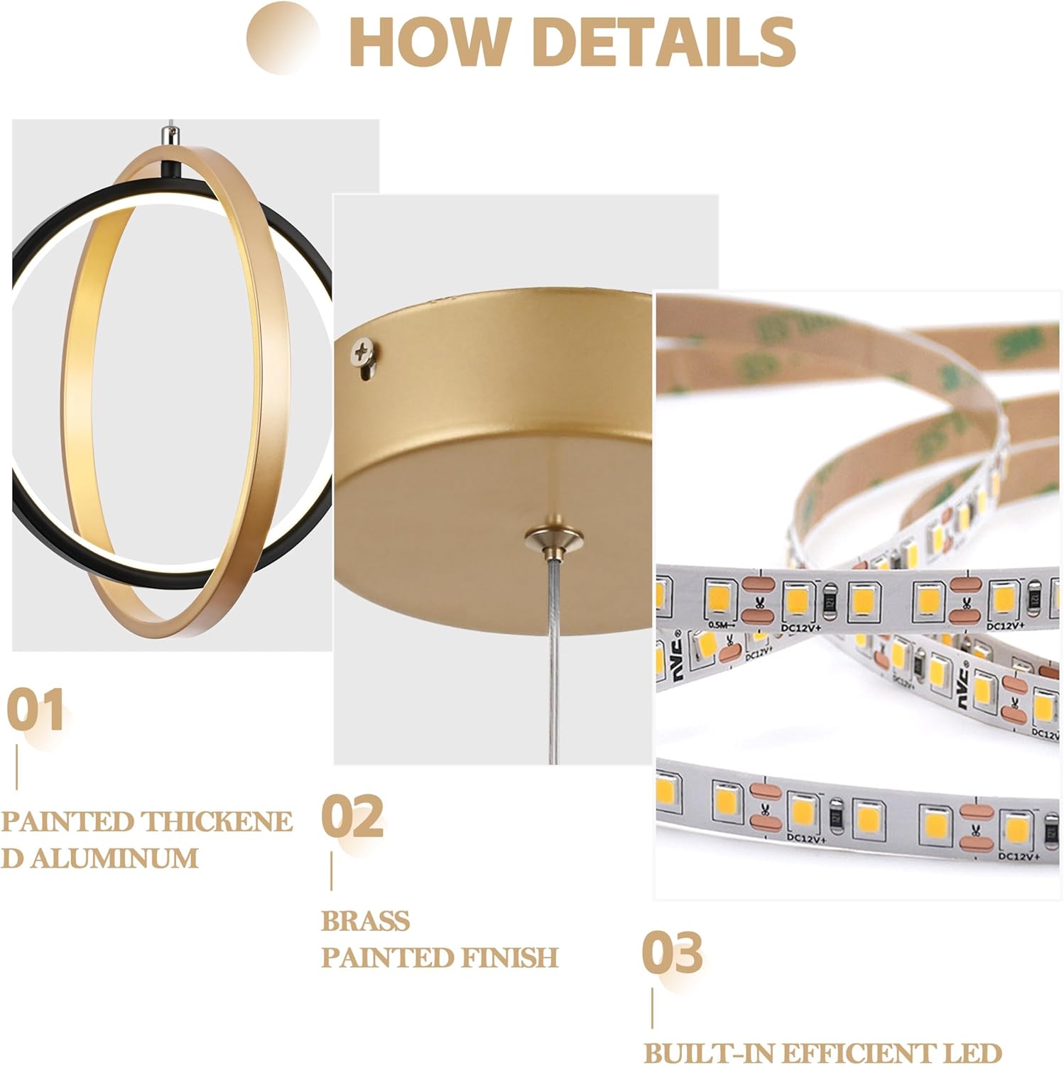 3 Packs Gold Modern LED Pendant Light Modern Led Pendant Light Ring Chandelier Height-Adjustable Suspended Ceiling Fixtures for Entrance Living Room Dining Room Kitchen Island Bedroom
