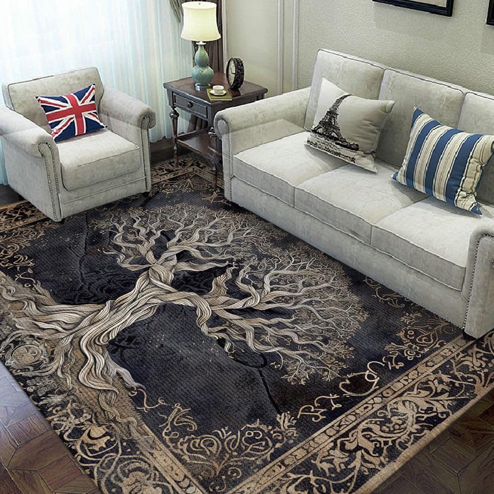 Tapis D'entrée/chambre "Arbre De Vie" 60x90cm - Poils Ras, Antidérapant, Lavable En Machine - Motif Celtique/viking (H271)