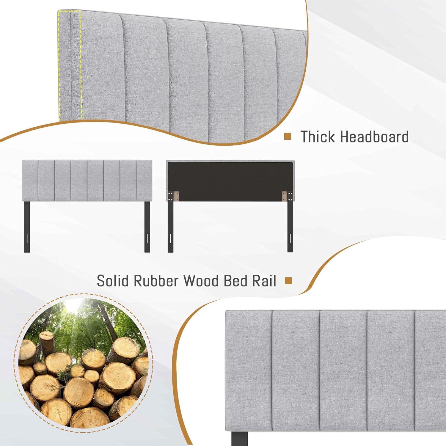 KOMFOTT Linen Upholstered Headboard for Full & Queen Size Bed, Vertical Channel Tufted Rectangular Headboard with Solid Wood Legs & Adjustable Width, Padded Bed Backboard, Easy Assembly (Gray)