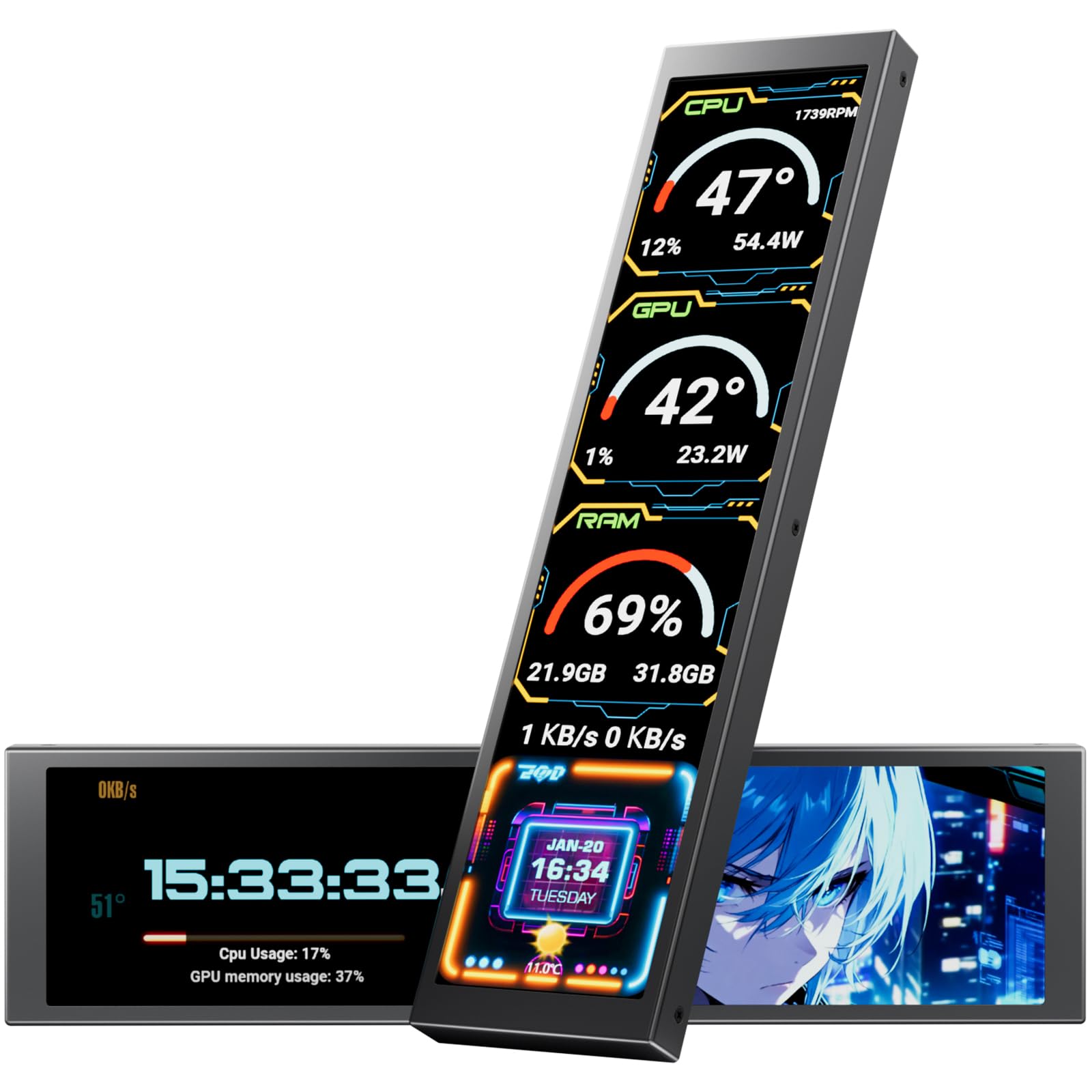 upHere Mini Écran LCD 9,2 Pouces pour Boîtier PC - Panneau D'Affichage Température PC & Surveillance Matérielle, Moniteur Compact avec Thèmes Prédéfinis Personnalisables