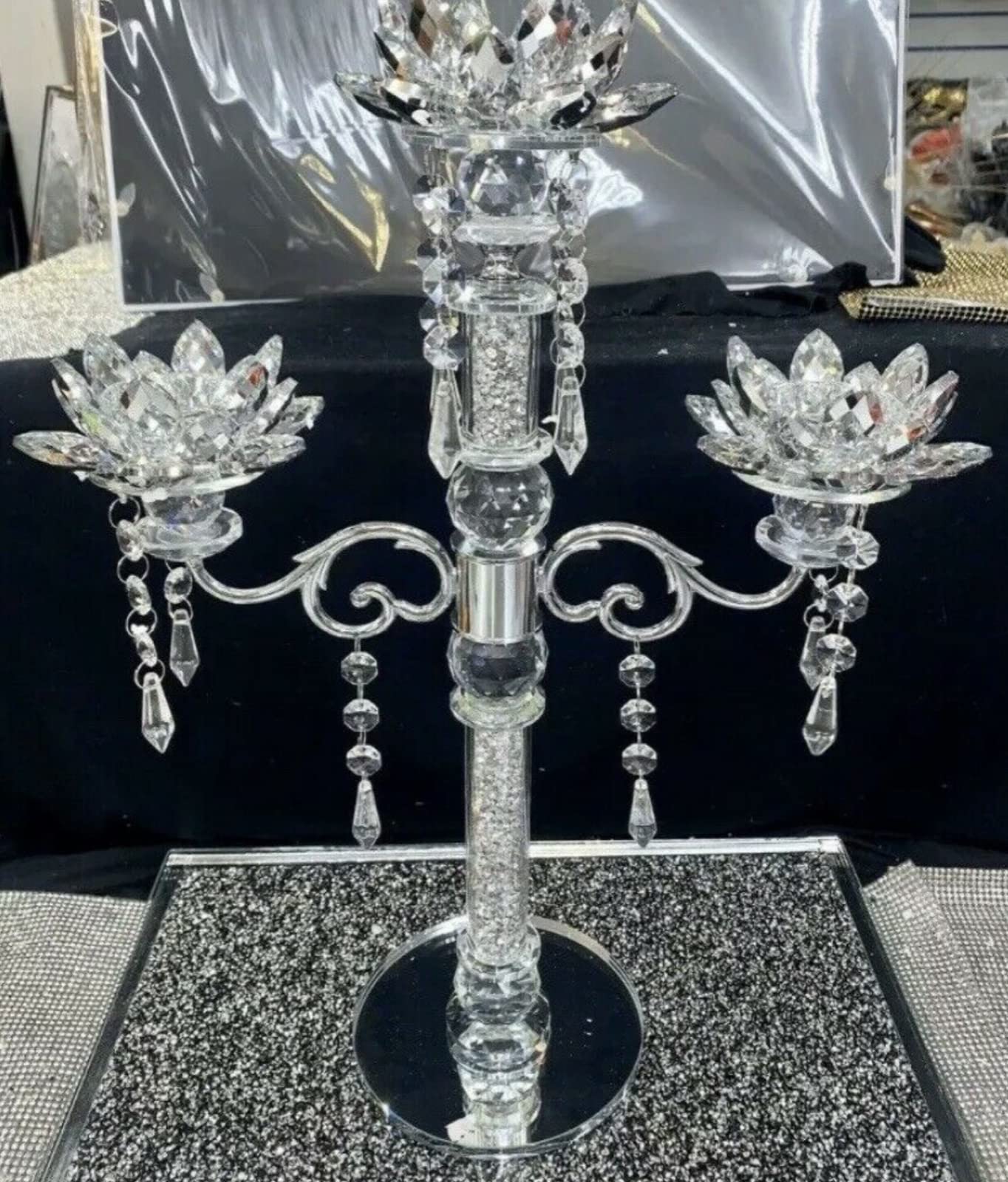 Biznest Silver Crushed Diamond Candle Holder Crystals Filled 3 Flower Tier Romany Lotus Sparkle Ornament Bling Crushed Diamond Gift, Birthday Present Gift