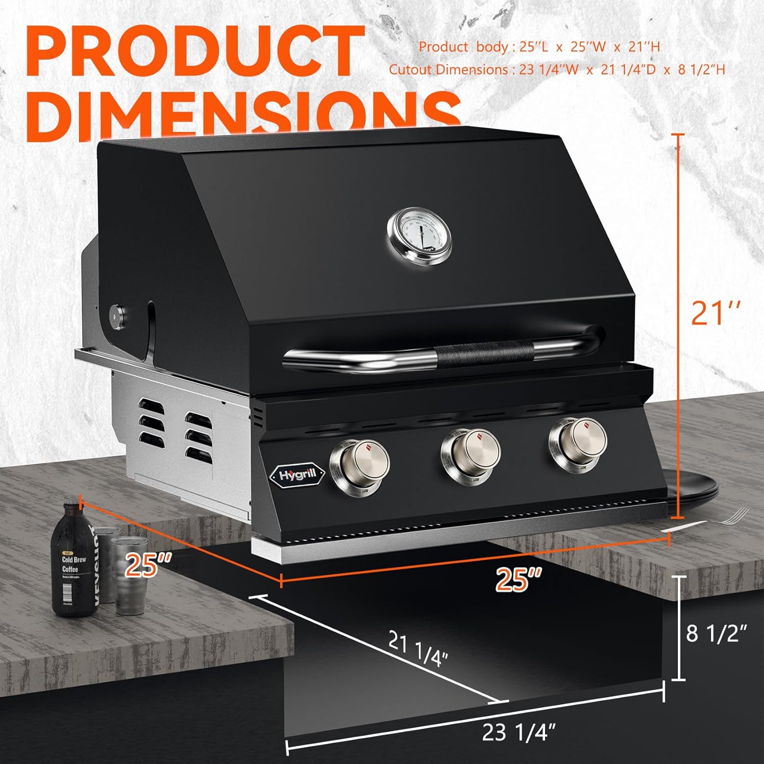 Hygrill STD Series Heavy Duty 3-Burner Built In Grill for Natural Gas, Stainless Steel Outdoor Kitchen Grill Head, Black