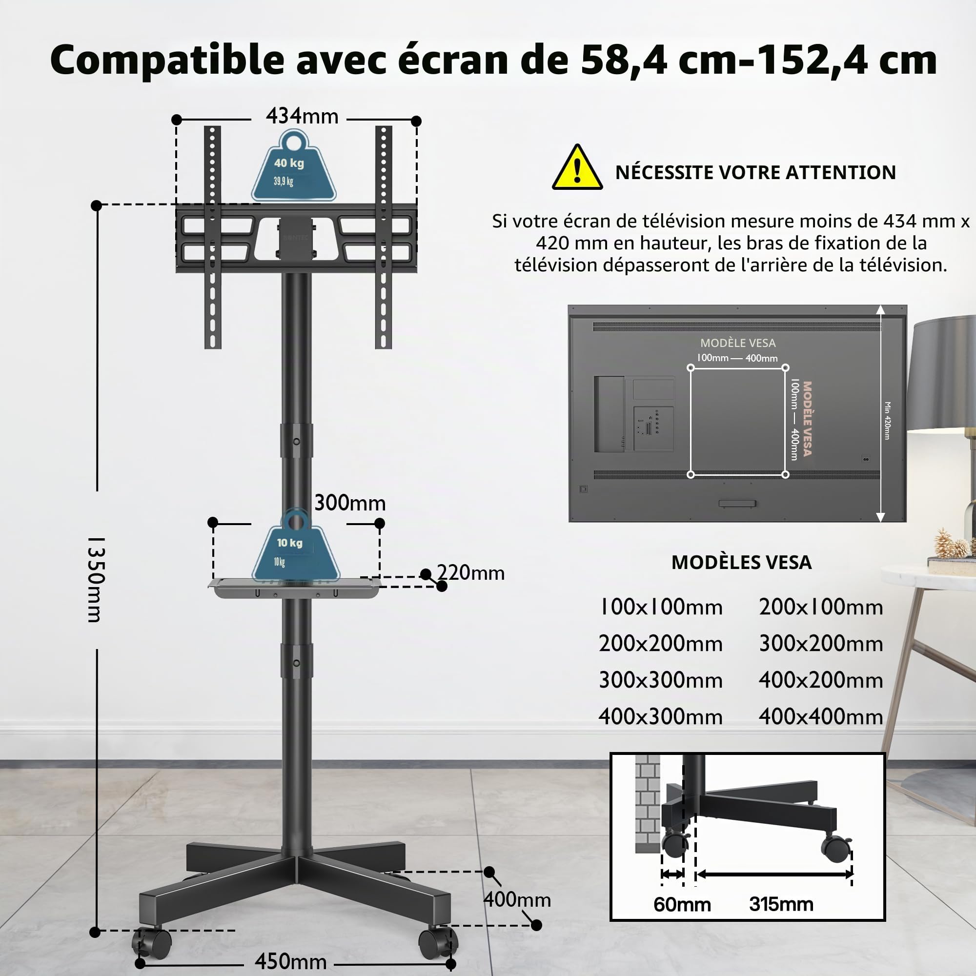 Support TV BONTEC sur Roulettes pour Téléviseurs 23-60 Pouces, Pied Réglable en Hauteur, Max VESA 400x400mm, 40 kg