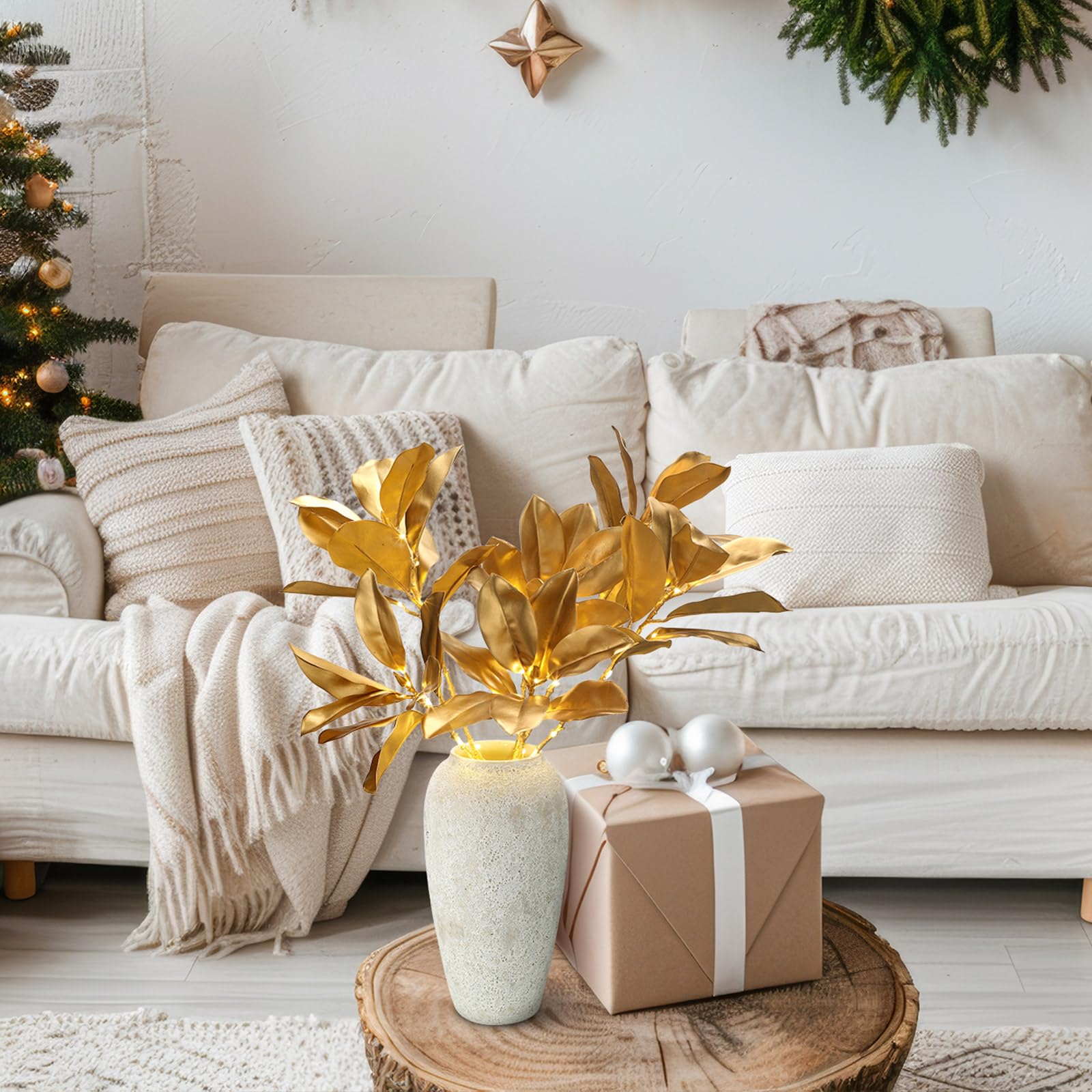 Retisee Magnolien-Zweige aus künstlichem Gold, beleuchtet, 65 cm, Magnolien-Plektren mit Lichterkette, künstliche Blätter, künstliche Zweige für Herbst, Weihnachten, Vase, Zuhause, Büro