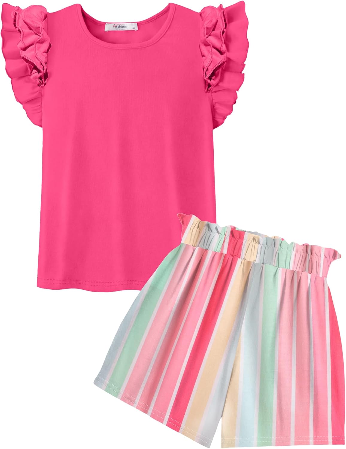 Arshiner Girls 2 Piece Outfits Summer Clothes Ruffle Short Sleeve Shirts Top and High Waist Paper Bag Shorts Set with Pockets
