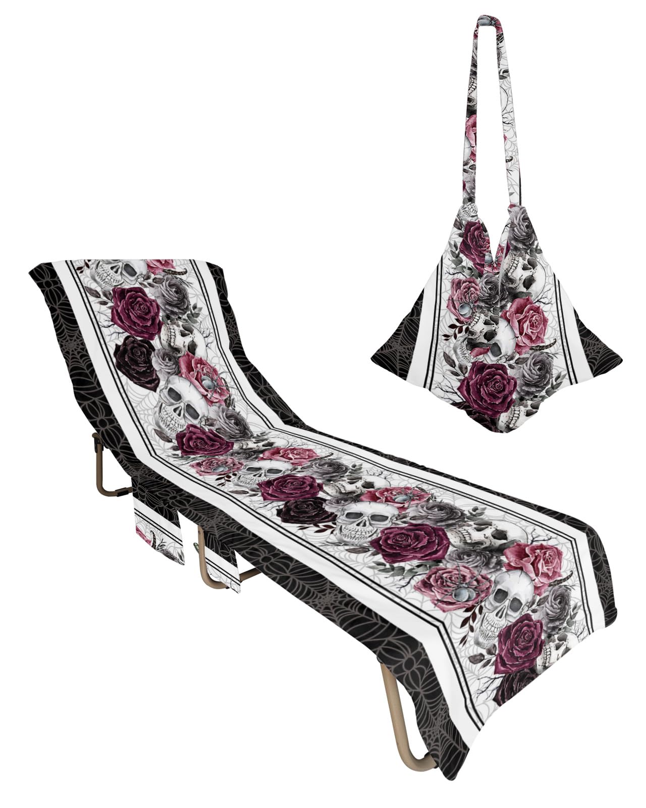 Halloween Skull Beach Chair Towel Covers for Chaise Lounge with Side Pocket, Soft Plush Pool Towels Cover for Patio Sunbathing Outdoor 29''x85'' Black Red Rose Flower Leaves
