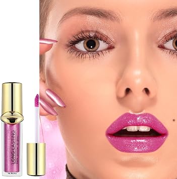 Glitter Lip Gloss Bright Pink Shimmering Lipsticks, Hot Pink Non-Stick Cup Lipstick, Long Lasting Highly Pigmented Liquid Lipstick Lip Gloss, Waterproof Smudge-proof Full Coverage Lip Stain, Gift for