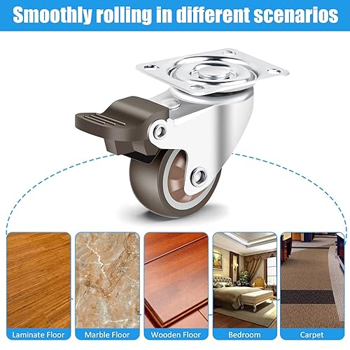 Miniatura 4 de Nefish Ruedas giratorias de goma de 1.5 pulgadas con freno, rotación de 360 grados, ruedas giratorias para muebles, mesa y caja de herramientas,