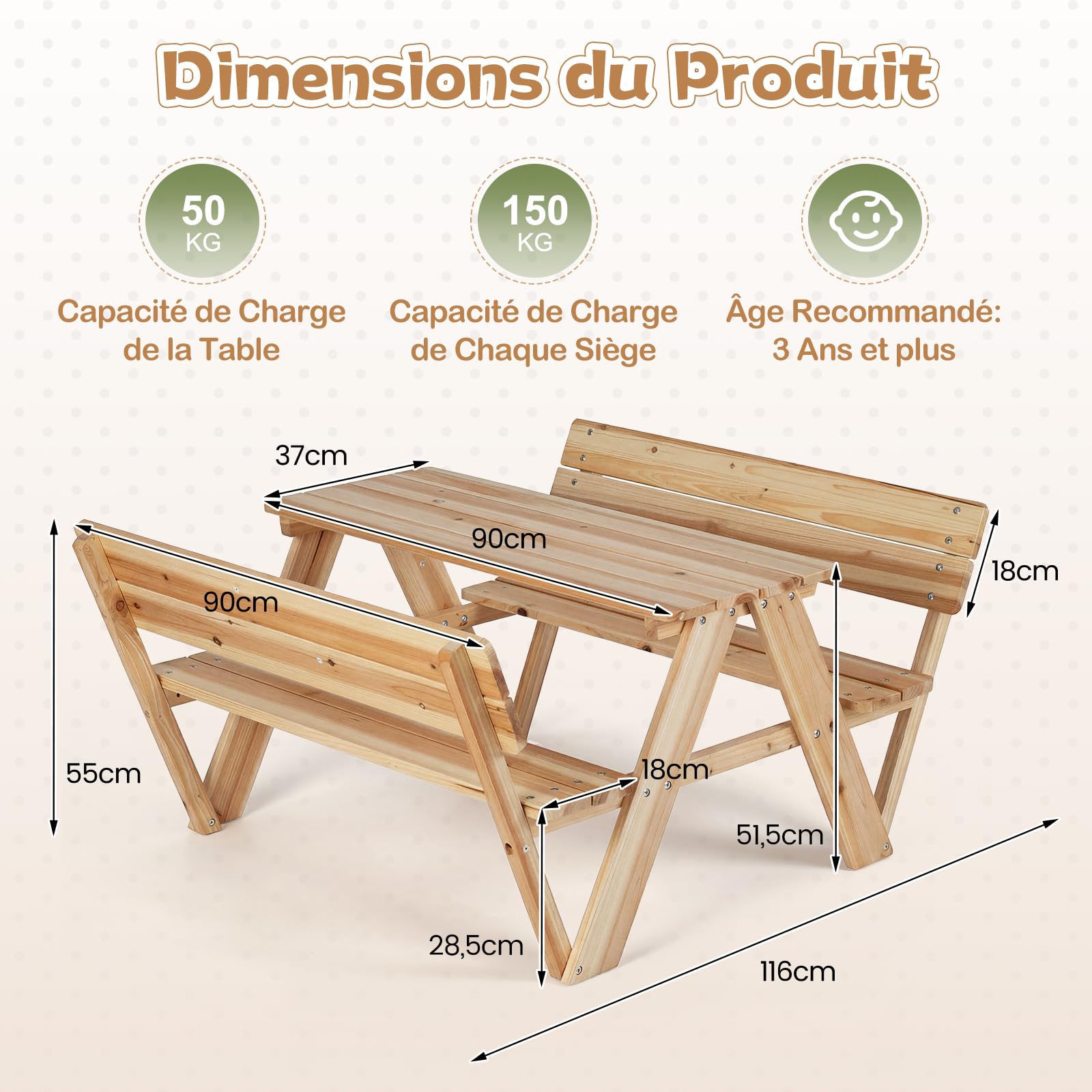 DREAMADE Table de Pique-Nique Enfants, Table Extérieure en Bois avec Bancs Intégrés et Dossiers pour 4, Ensemble Multi-activités Table et Chaises pour Patio, Jardin, Arrière-Cour, 3+ Ans