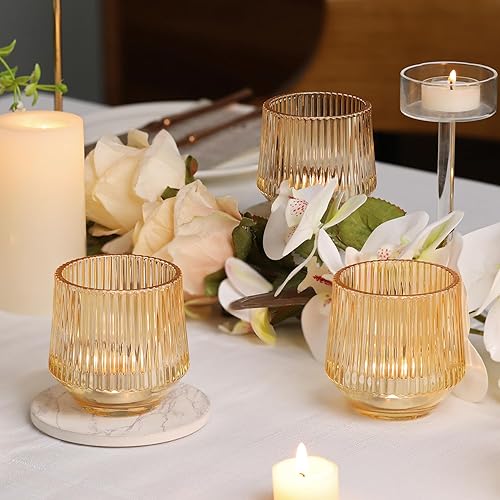 Miniatura 5 de 12 portavelas votivas grandes de oro, votivas doradas acanaladas de 3.15 x 3.15 pulgadas, portavelas doradas para decoración de mesa de boda,