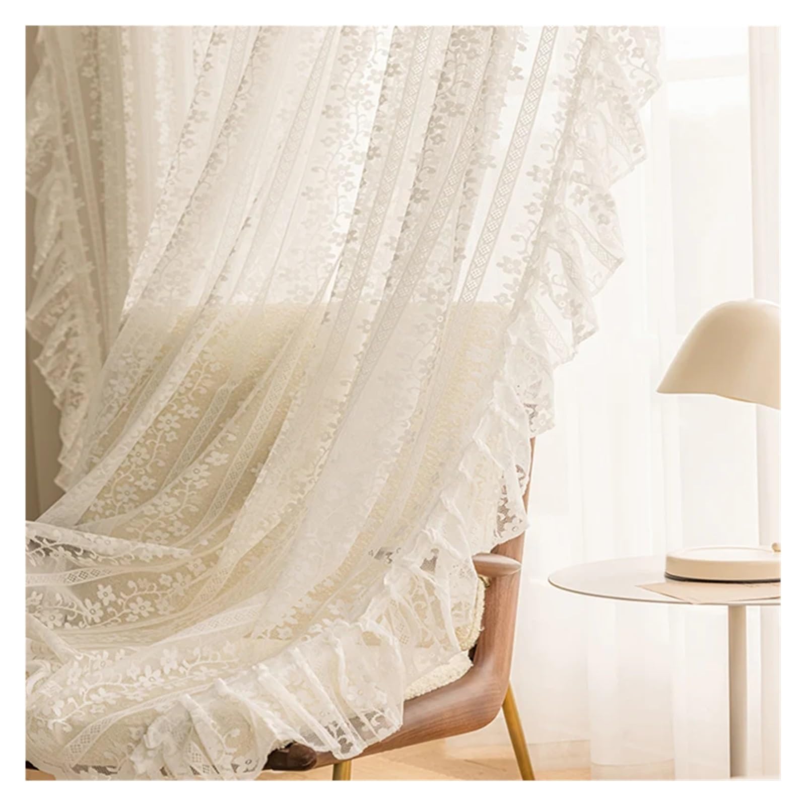DFGRGRV Ruffle Curtains White Dots Romantic Ruffle Edge Voile Curtains For Girl Room French Vintage Lace Light Filtering Mesh Tulle Window Bedroom Drape(Multifunctional Tape,1Piece W200 X H260CM)