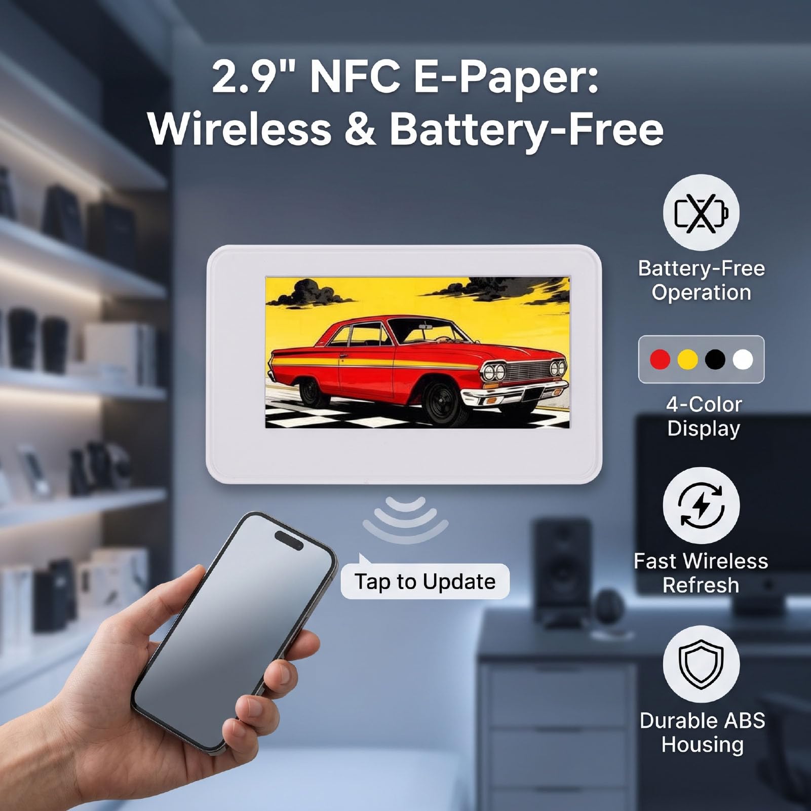 Pasywny Wyświetlacz NFC E Paper Ink o Przekątnej 2,9 Cala | Przesyłanie Energii do Smartfona, Szybkie Odświeżanie w Sekundach, Obudowa ABS Chroniąca Przed Kurzem, Plakietki z Imionami