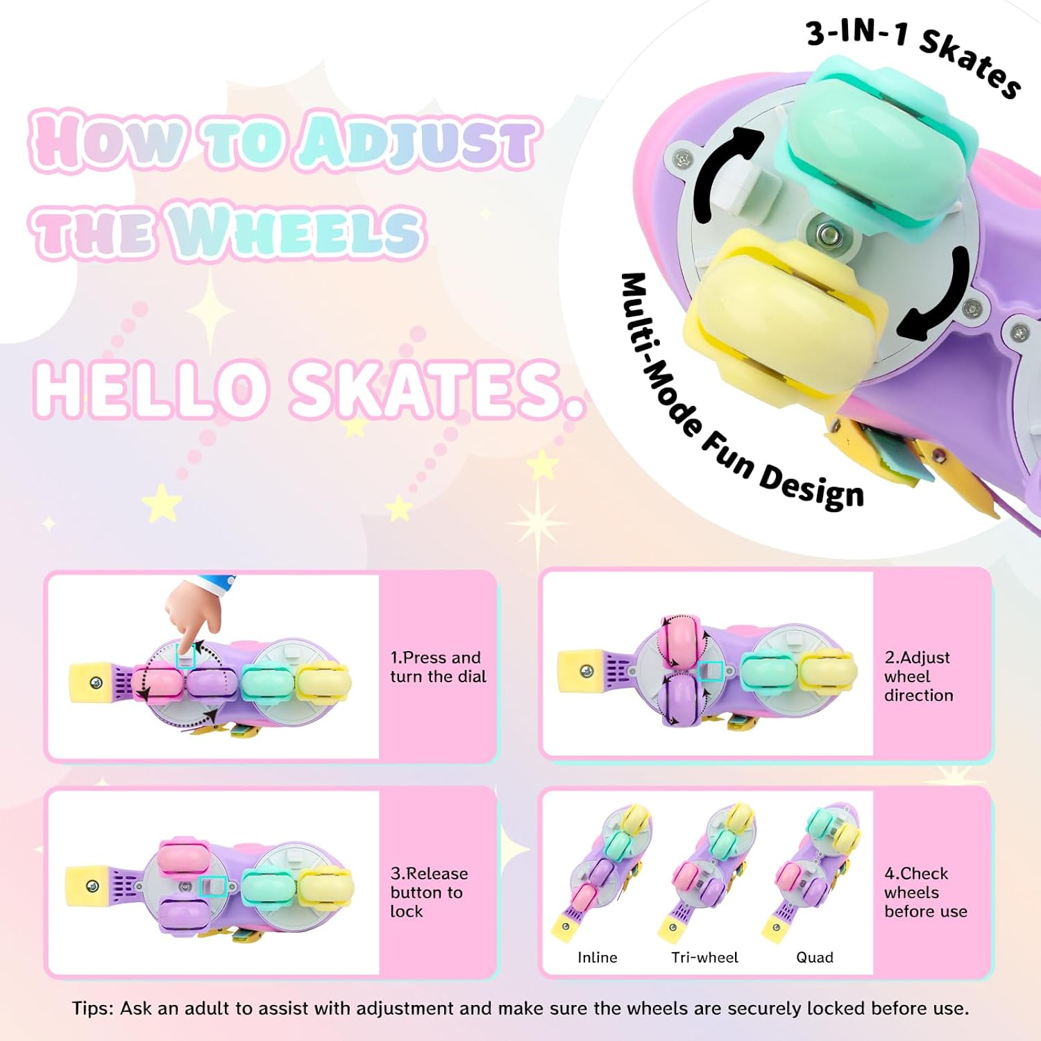 Toddler 3-in-1 Roller Skates for Kids Girls Boys, Hard Shell Convertible Quad, Inline & Tri-Skates with Sticker-Decorated Colorful Light-Up Wheels, 4 Size Adjustable Skate for Beginners