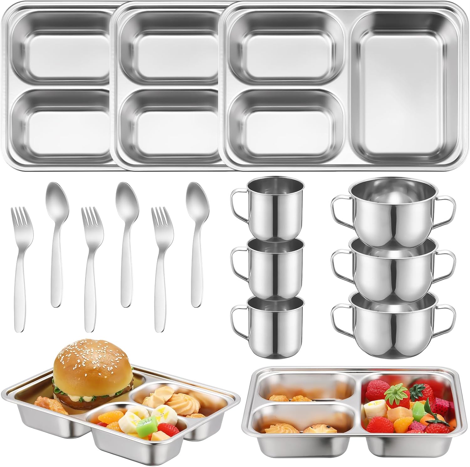 Tioncy 15 Pcs Stainless Steel Kids Dinnerware Set Stainless Steel Toddler Plates and Bowls Set Divided Plates Cups Bowls Forks and Spoons 3 Compartment Dinner Dish for Babies Toddlers and Kids