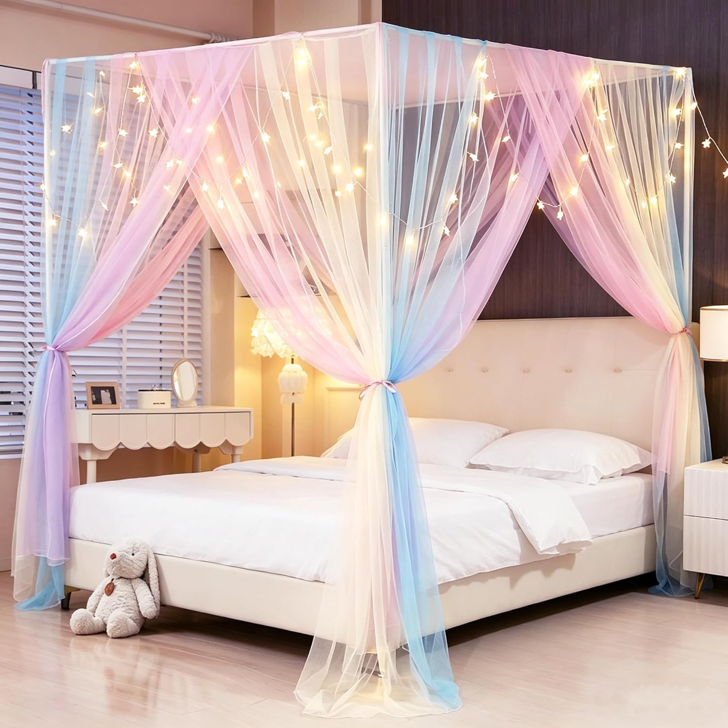 Canopy Bed Curtains with Lights,Rainbow Bed Canopy Bed Drapes Princess Mosquito Netting Bedroom Decoration Accessories for Girls Adults(Twin,Rainbow)