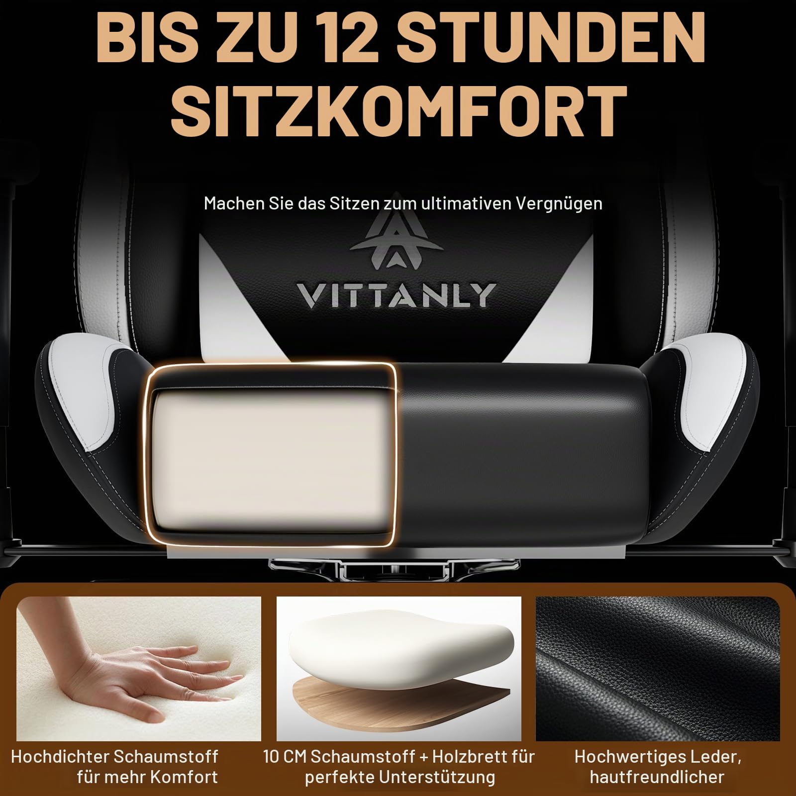Vittanly Gaming Stuhl, 90-165° Rückenlehne, Tragkraft 150 kg, Weiß | Kopfstütze und Lendenkissen, Gaming Chair, Gamer Stuhl, Gaming Sessel, Bürostuh, Schreibtischstuhl