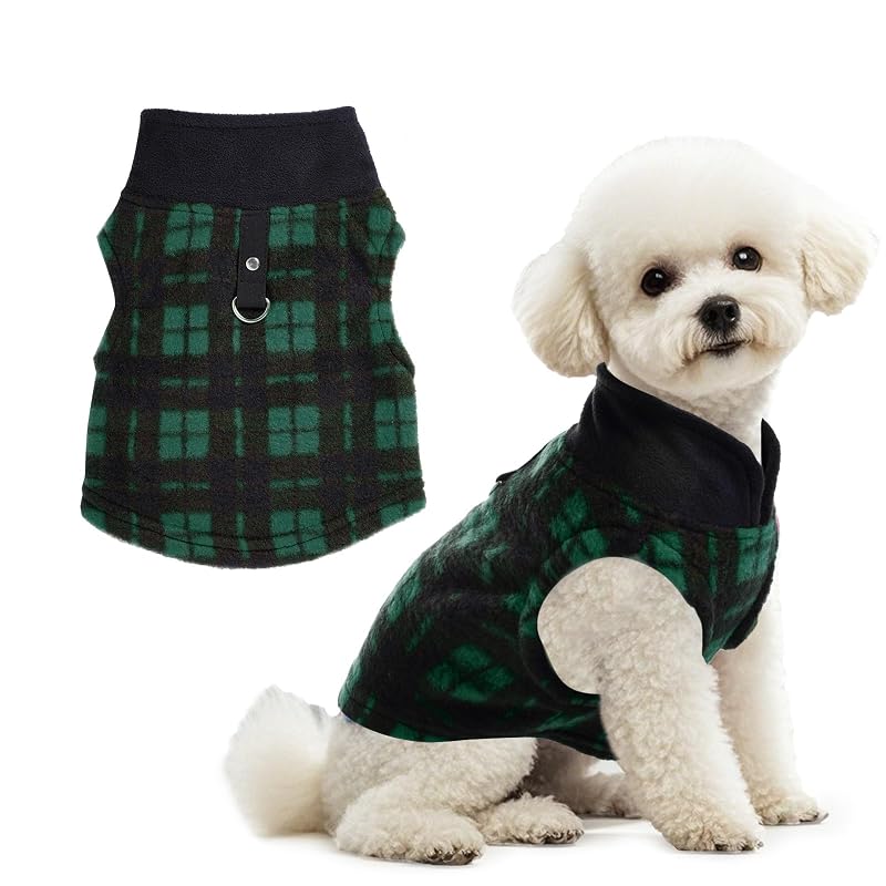 Casaco de fleece para cães pequenos com argola para guia Rbenxia, Green and Black, tamanho Small, 1 unidade
