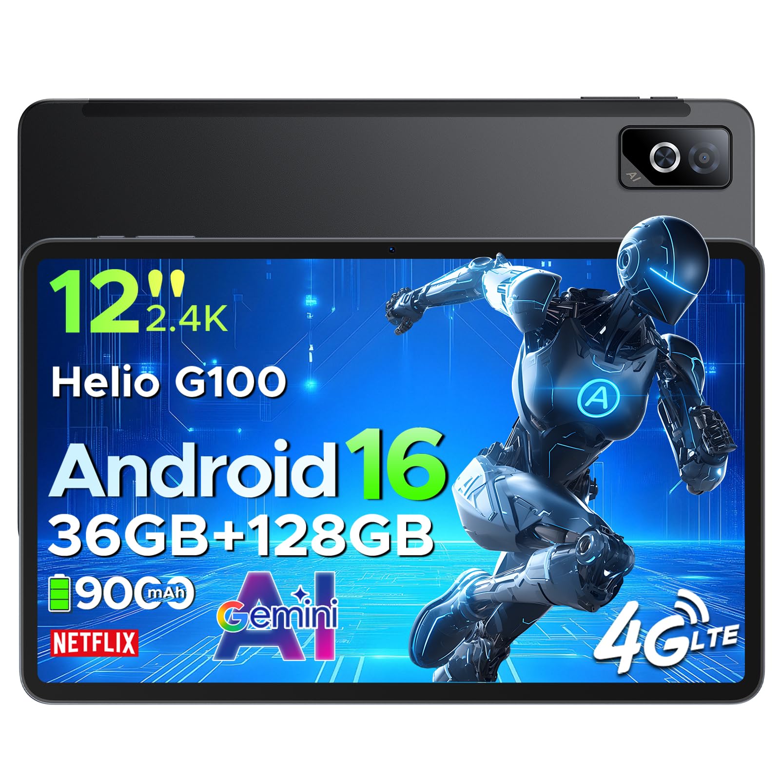 DOOGEE Tab G6 Pro Tablet 12 Pollici, Tablets Android 16, 90Hz 2.4K 36GB RAM+128GB ROM/TF 2TB, Helio G100 Octa-Core PC con sim, 4G LTE/5G WiFi/9000mAh/Gemini AI/13MP+8MP/OTG/FACE ID/Doppi altoparlanti