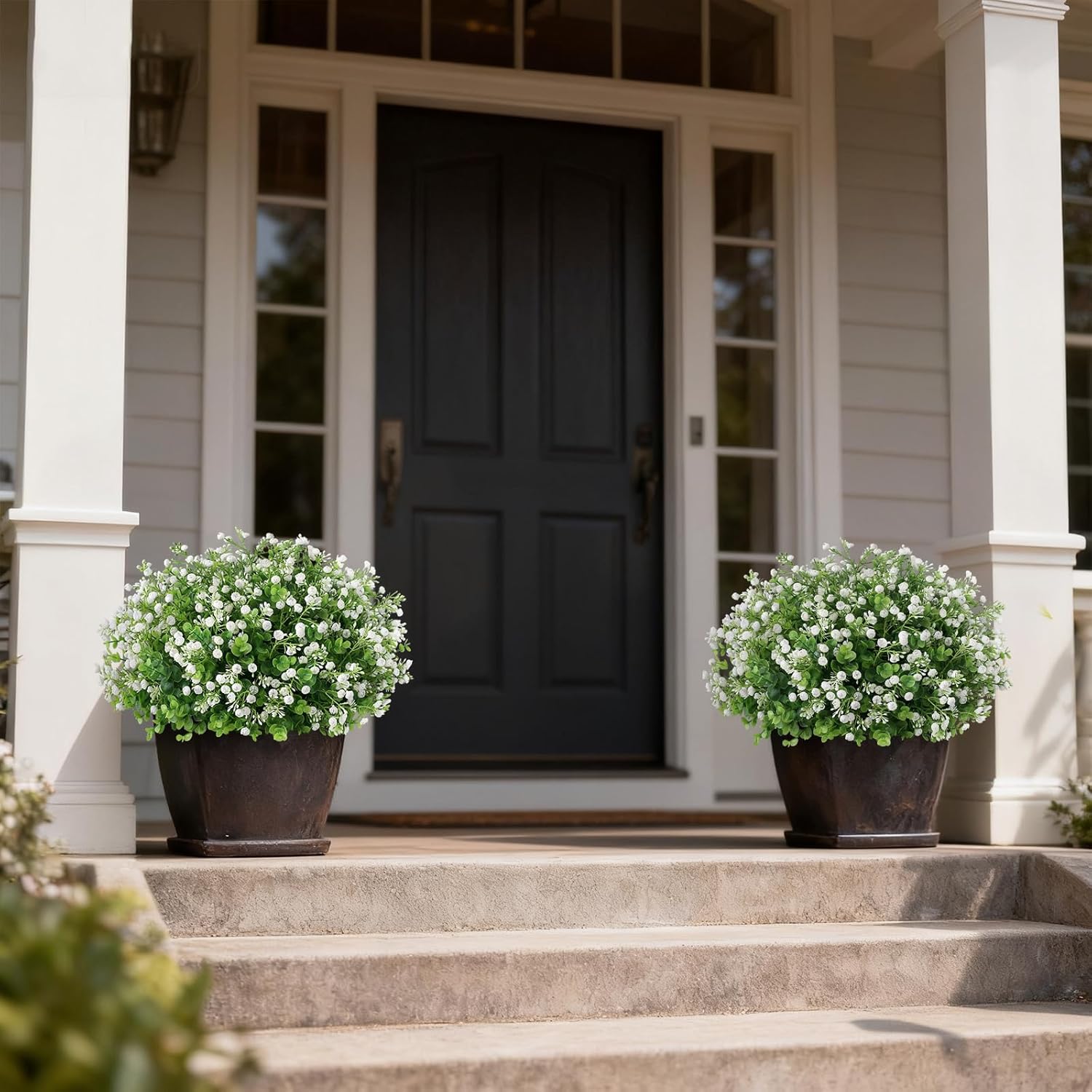 Artificial Eucalyptus with Baby's Breath Topiary Ball Trees - 2 Set Plastic Faux Eucalyptus Plants in Pot, Sun Resistant Fake Greenery Potted Bushes for Front Door Farmhouse Garden Porch Decor