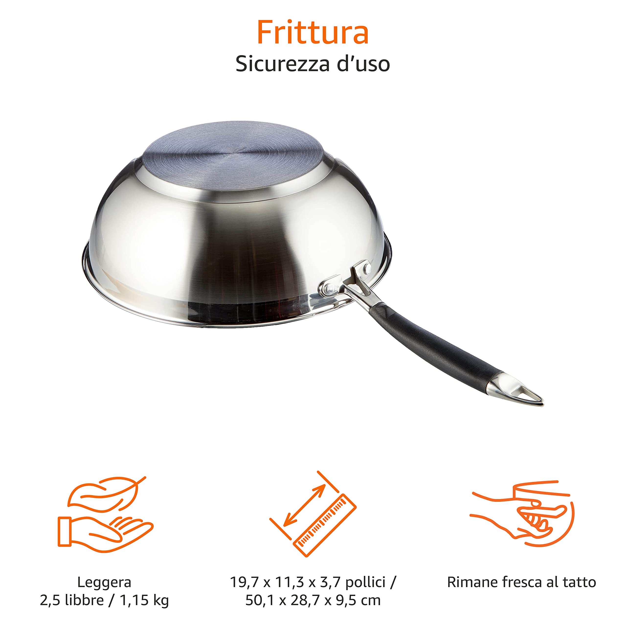Amazon Basics Padella da wok in acciaio INOX, 28 cm, Nero