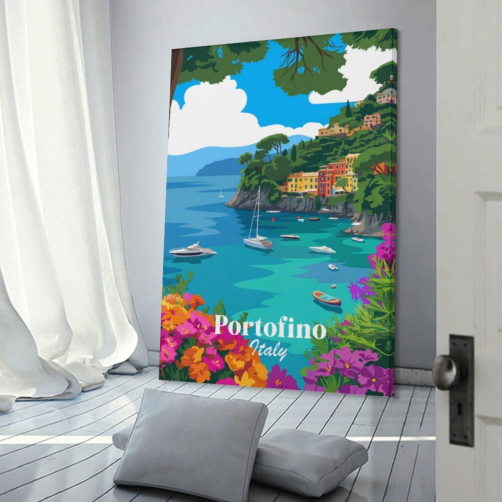 Junmoney Portofino Italy Coastal Scene Canvas Wall Decor, 20x30inch(50x75cm), for Art Walls, Layered Displays Or Homes, Home Wall Art for Statement Displays