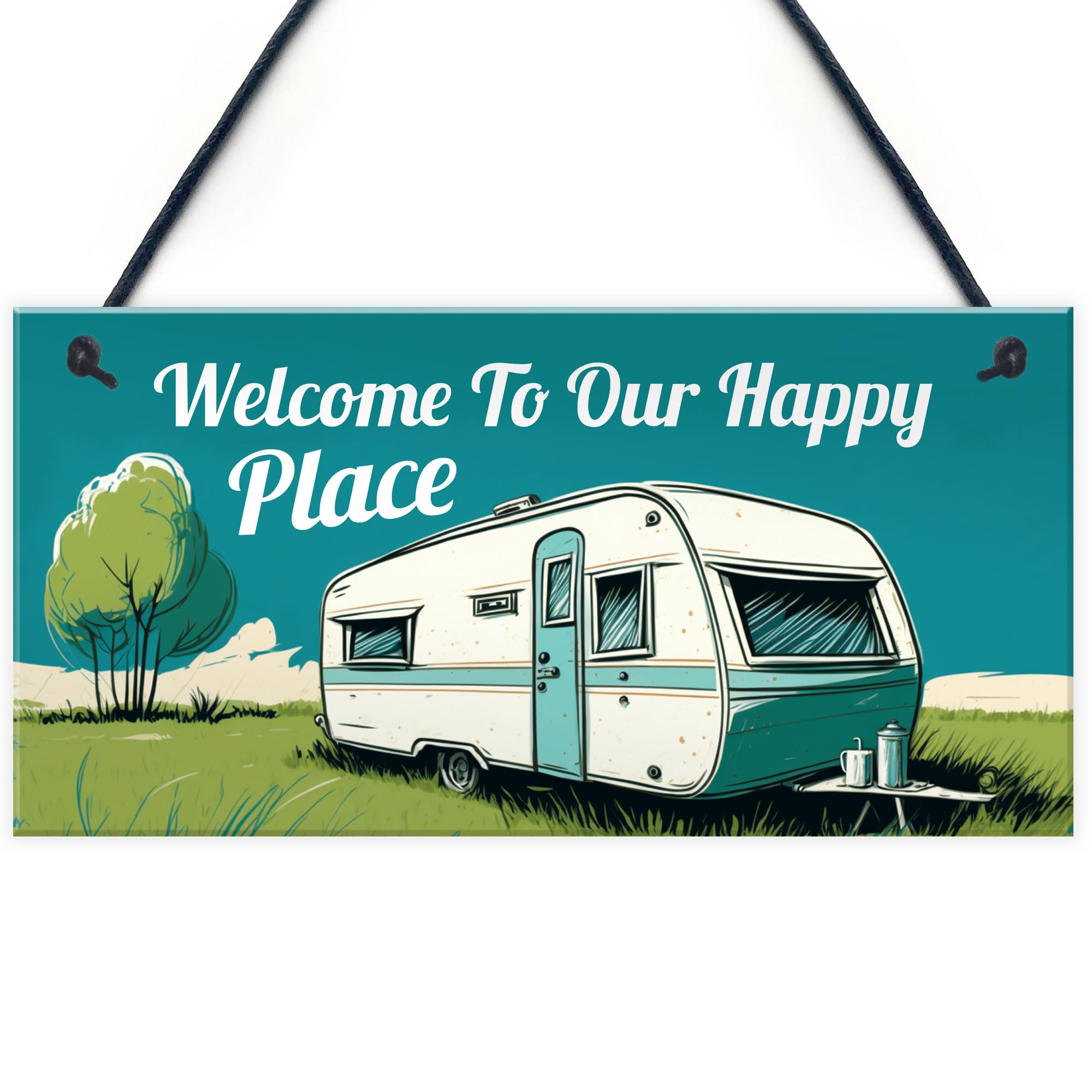 Red Ocean Welcome To Our Happy Place Caravan Sign Novelty Hanging Plaque Caravan Accessories Garden Sign Retirement Friend Gift