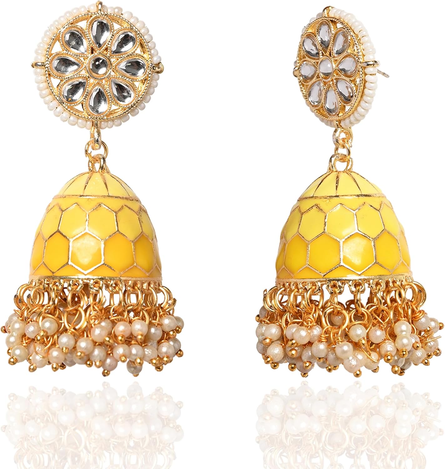 Moonstruck Traditional Indian Dome Shaped Golden Jhumka/Jhumki Earrings with Meenakari & Pearls for Women (Yellow)