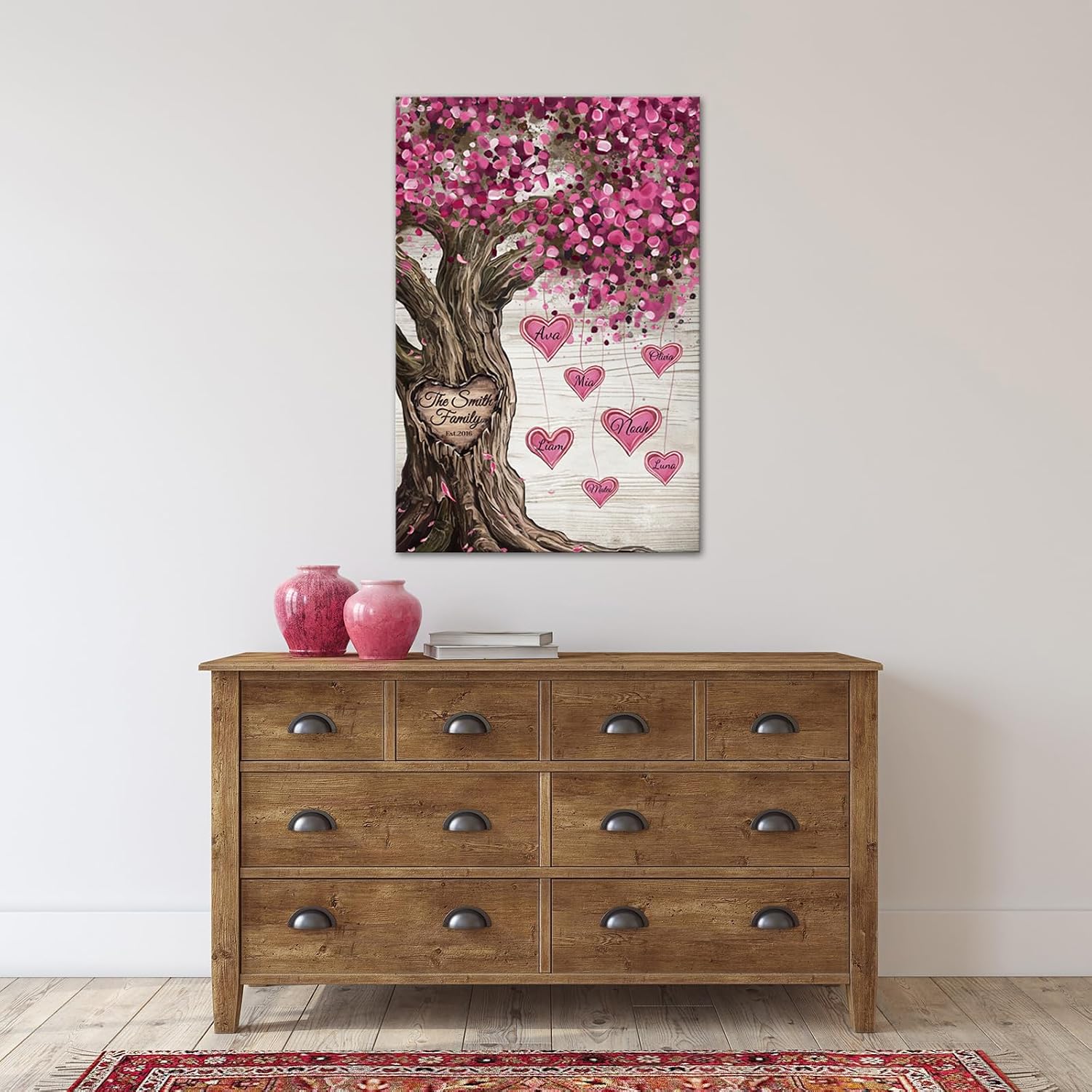 iLOOKLiKE Personalized Family Names With Tree Wall Art Decor - Customized Sign and Year Giclee Canvas Prints - Multi-Name Poster Painting Framed Gifts for Home Living Room - Pink