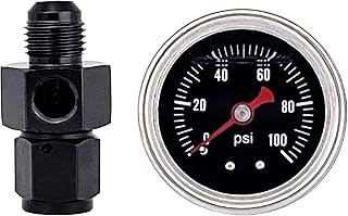 Fuel Pressure Gauge with 6AN Fuel Pressure Take Off Fitting, 0-100Psi, 1-1/2" Black Dial, 1/8" NPT Center Back Mount, Glycerin Filled, An6 Adapter