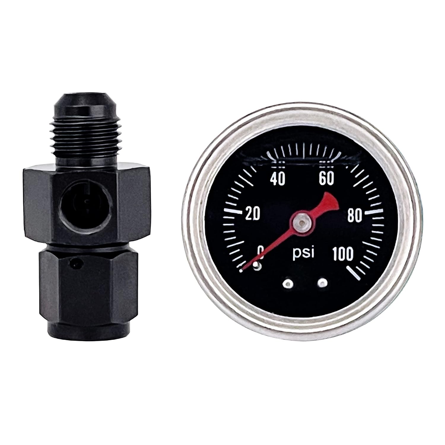 Fuel Pressure Gauge with 6AN Fuel Pressure Take Off Fitting, 0-15Psi, 1-1/2" Black Dial,1/8" NPT Center Back Mount, Glycerin Filled, An6 Adapter