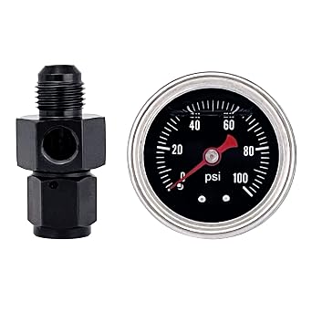 Fuel Pressure Gauge with 6AN Fuel Pressure Take Off Fitting, 0-100Psi, 1-1/2" Black Dial, 1/8" NPT Center Back Mount, Glycerin Filled, An6 Adapter