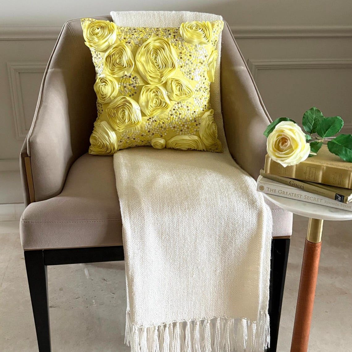 The HomeCentric Pillow Case Zip, Yellow Throw Pillow Cover, Ribbon Rose Flower & Sequins Floral Theme Throw Pillow Cover, 14x14 inch (35x35 cm) Throw Pillow Cover, Silk Pillow - Creamy Yellow Roses