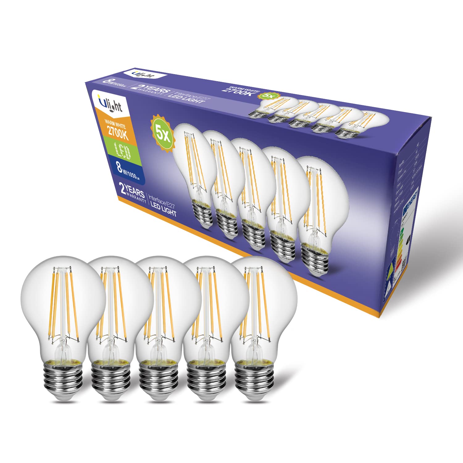 ULight A60 Light Bulb 80W Equivalent, Warm White Light 2700K, 1050 Lumen, Energy Saving Light Bulbs, Beam 170 °, 220-240V E27 Socket, 5 Pack