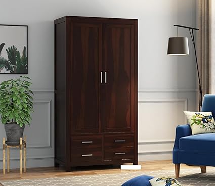 KUSUM HANDICRAFTS Wooden Wardrobe for Clothes | Sheesham Wood 2-Door Wardrobe with 4 Drawer Storage | Solid Wood Large Cupboard Almirah: Storage Cabinet for Your Living Room (Design 6, Large)