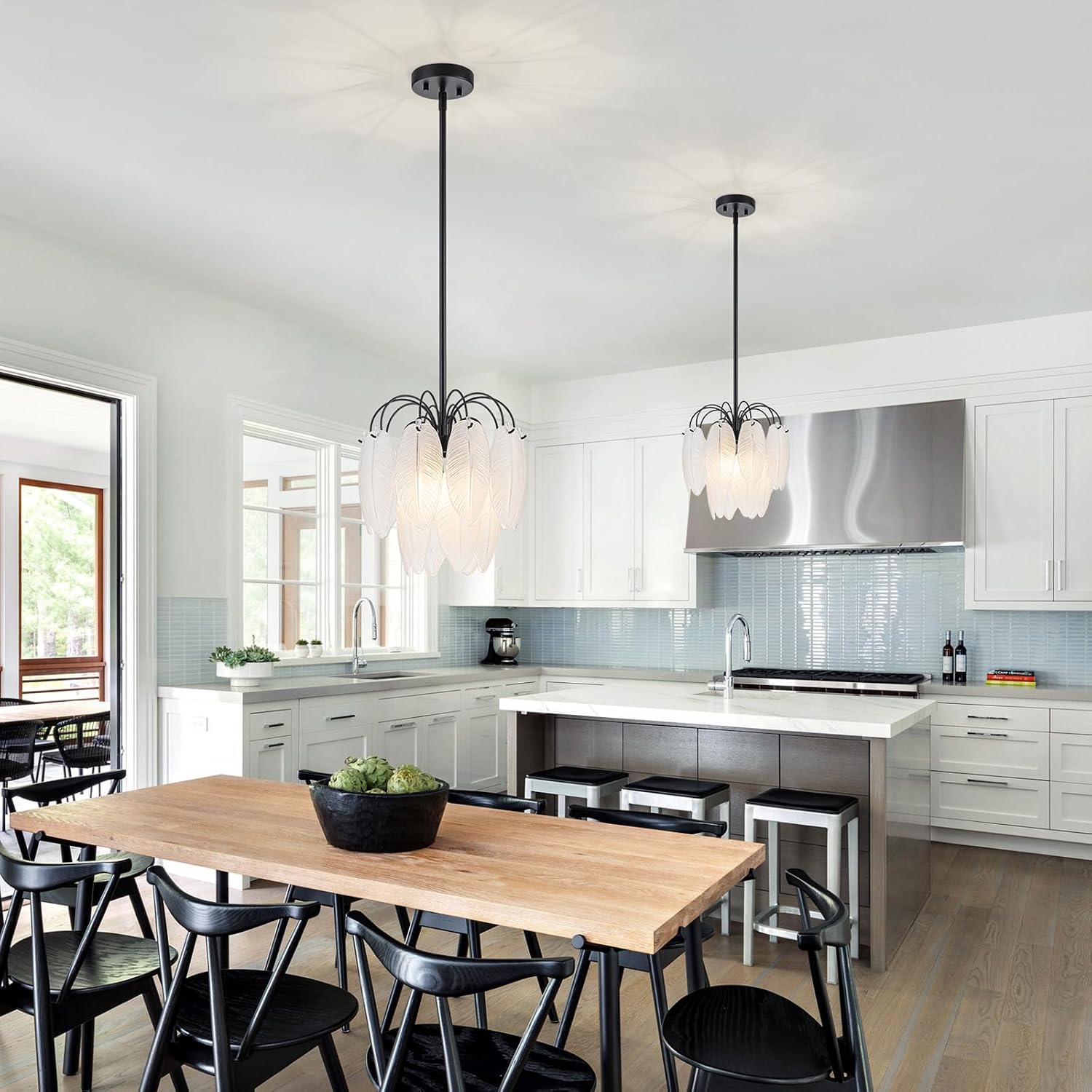 LumFurn D12 inch Glass Chandeliers, 3-Light Modern Pendant Light Fixture for Dining Room, Living Room, D12x18~47 Inch (Adjustable Height), Frosted Glass Feather Shade & Matte Black Finish Frame