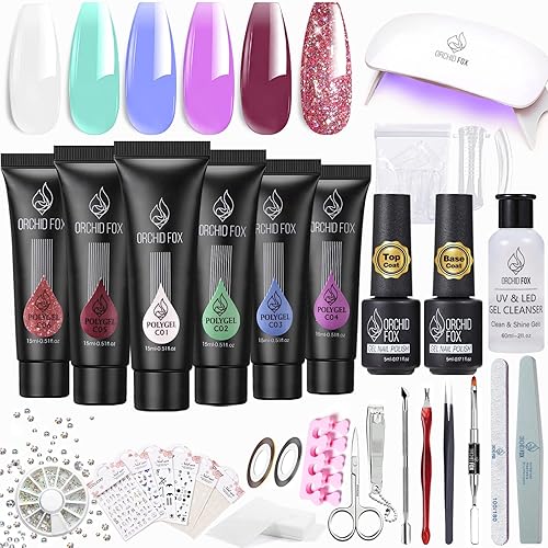 ORCHID FOX Kit de uñas de gel de polietileno con luz U V para uñas principiantes kit de extensión de uñas de gel para principiantes con todo lo que