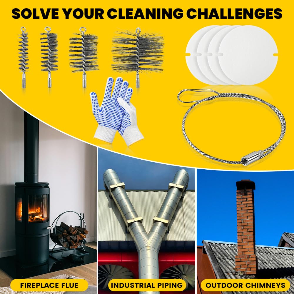 Juego de 7 deshollinador de chimeneas, cepillos de acero inoxidable para limpieza de conductos, para conductos de humos, incluye cepillos para chimeneas en los tamaños 30 mm, 50 mm, 80 mm y 150 mm