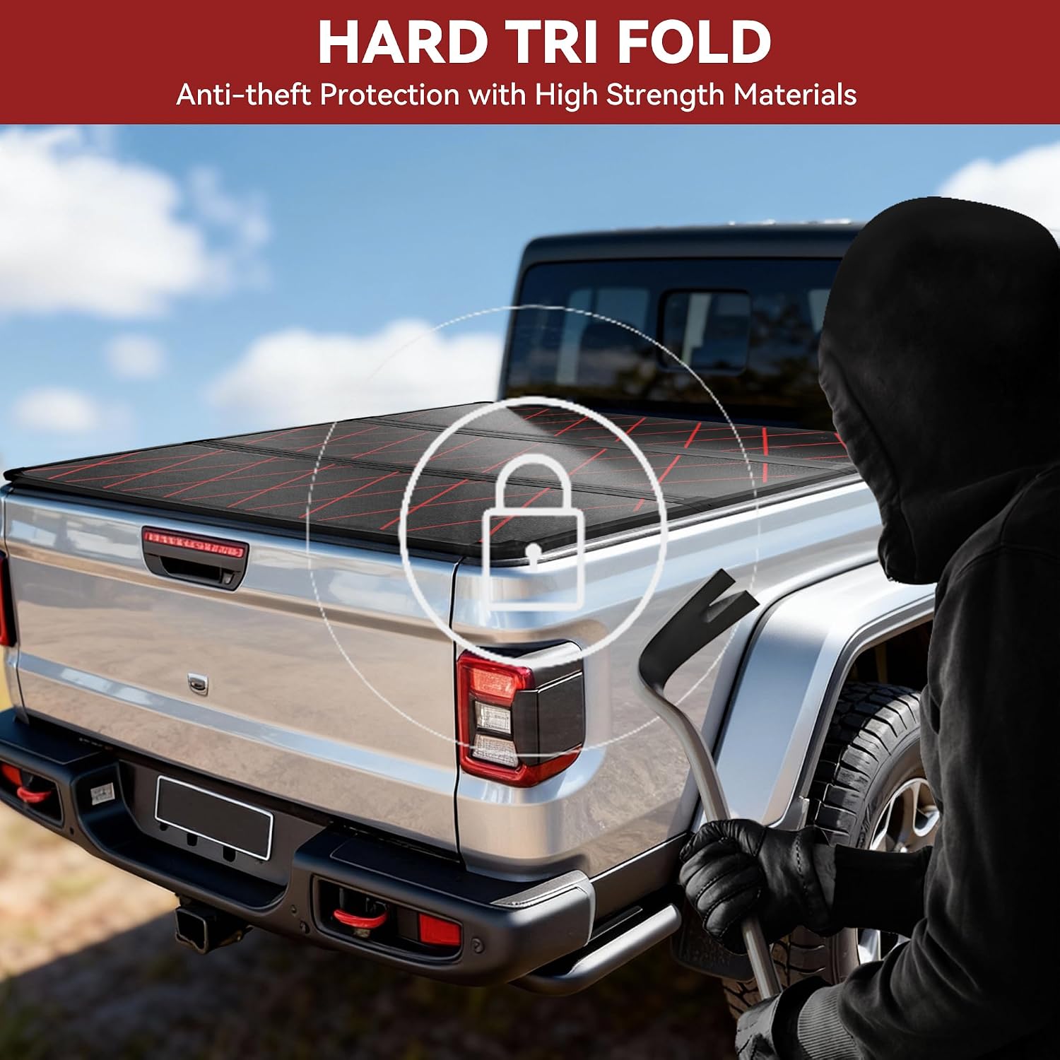 Truck Bed Cover fit for Jeep Gladiator 2020-2025 5FT Bed, Hard Tri-Fold tonneau Cover with Red X Pattern, Aluminum Honeycomb Panel, No-Drill Clamp-On Bed Cover for Trail Gear