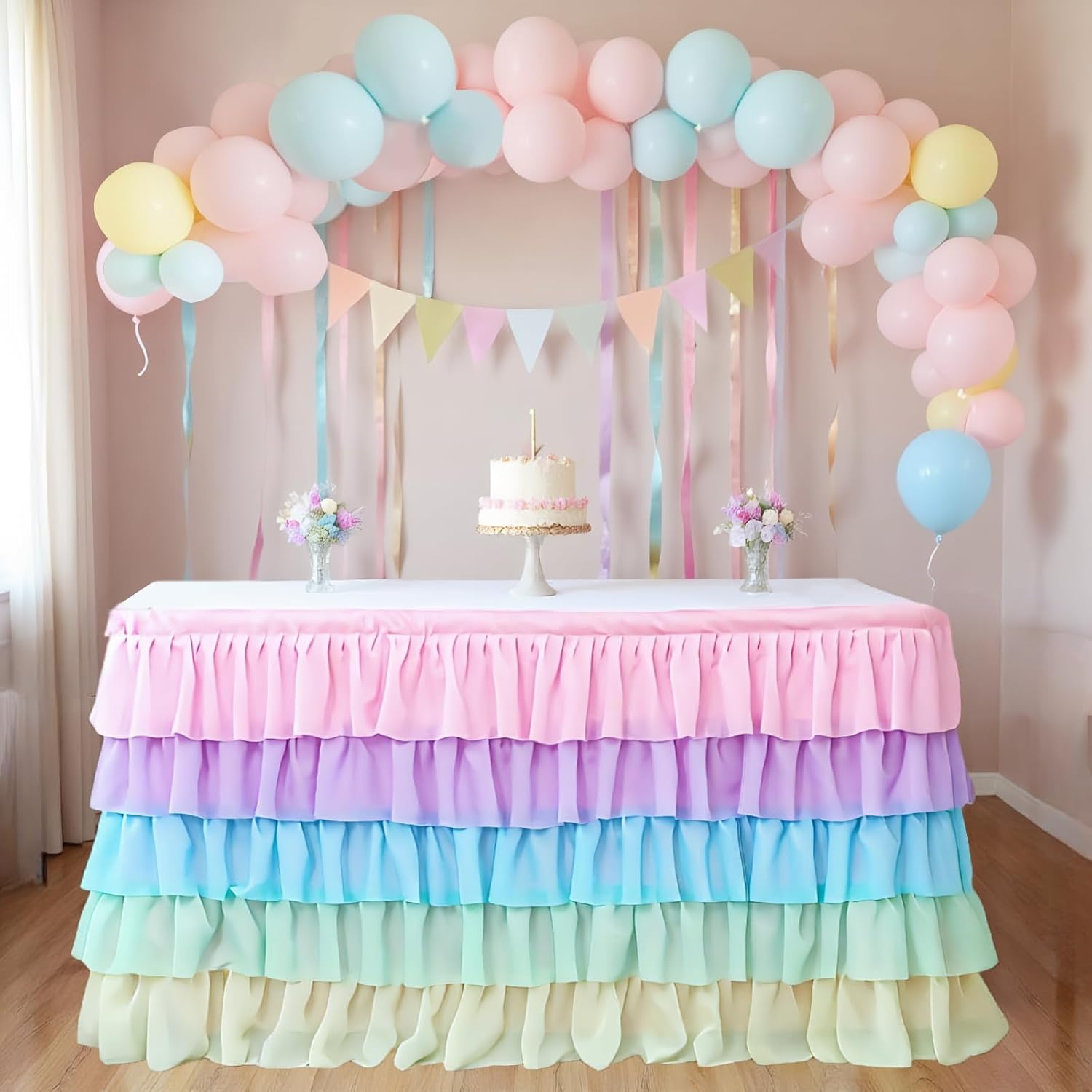 6ft Tutu Table Skirt for Rectangle Round Tables Chiffon Table Cloth for Birthday Party Decorations Baby Shower Parties Ruffle Table Skirting (Pastel Rainbow, 6FT)
