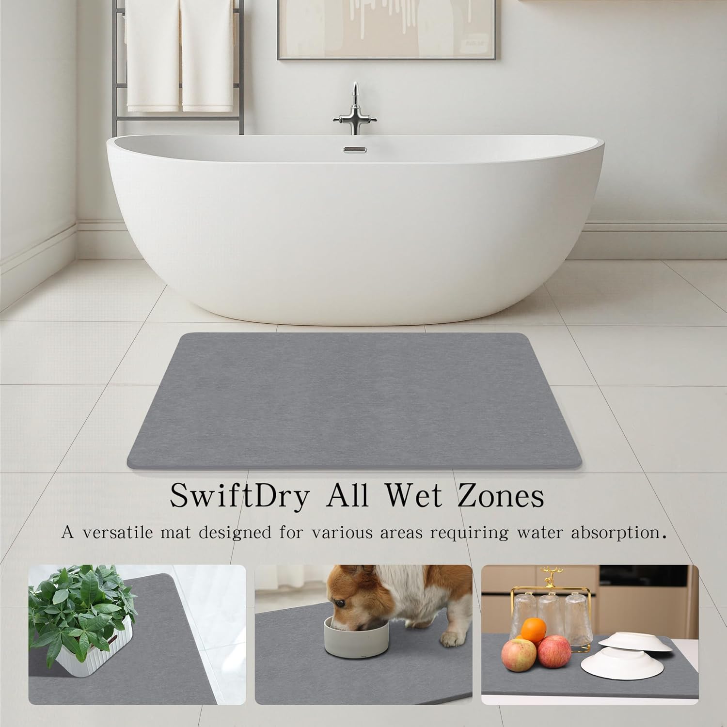 THMINS Extra Large Stone Bath Mat, 36''x24'' Non-Slip Diatomaceous Earth Stone Bath Mat, Super Absorbent Quick Drying for Bathroom, Easy to Clean