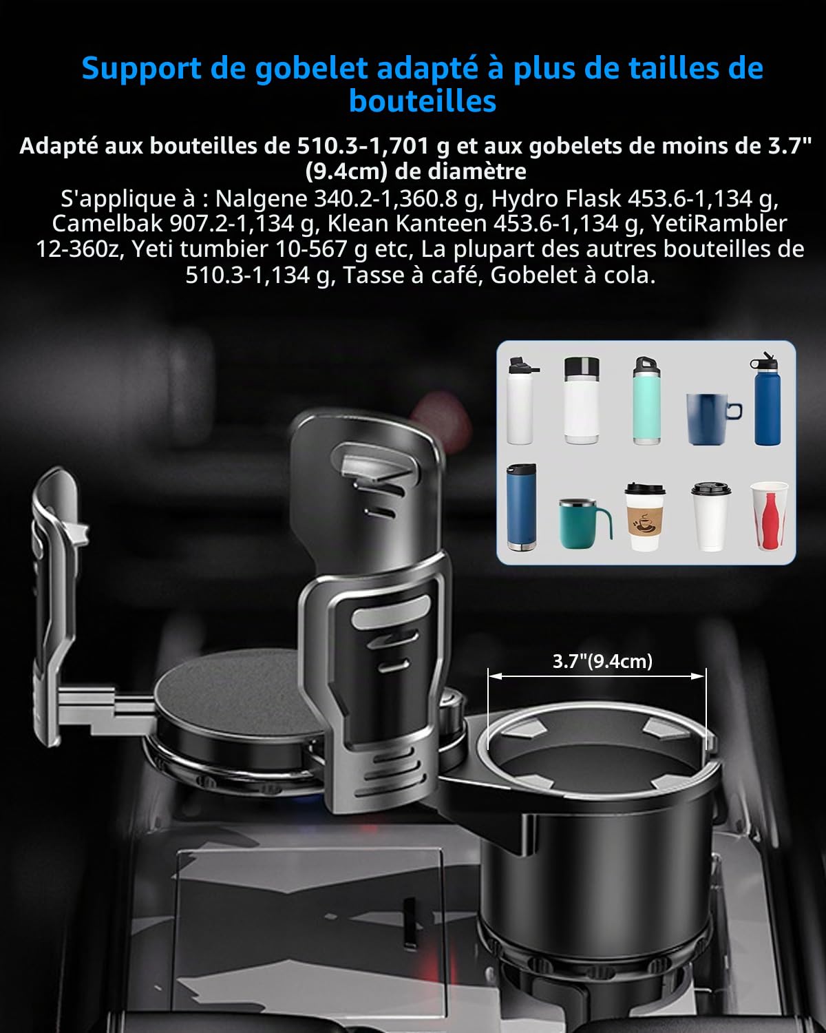 Porte-gobelets 2 en 1 pour voiture multifonction rotatif 360° pour la plupart des porte-gobelets et organisateur d'intérieur voiture