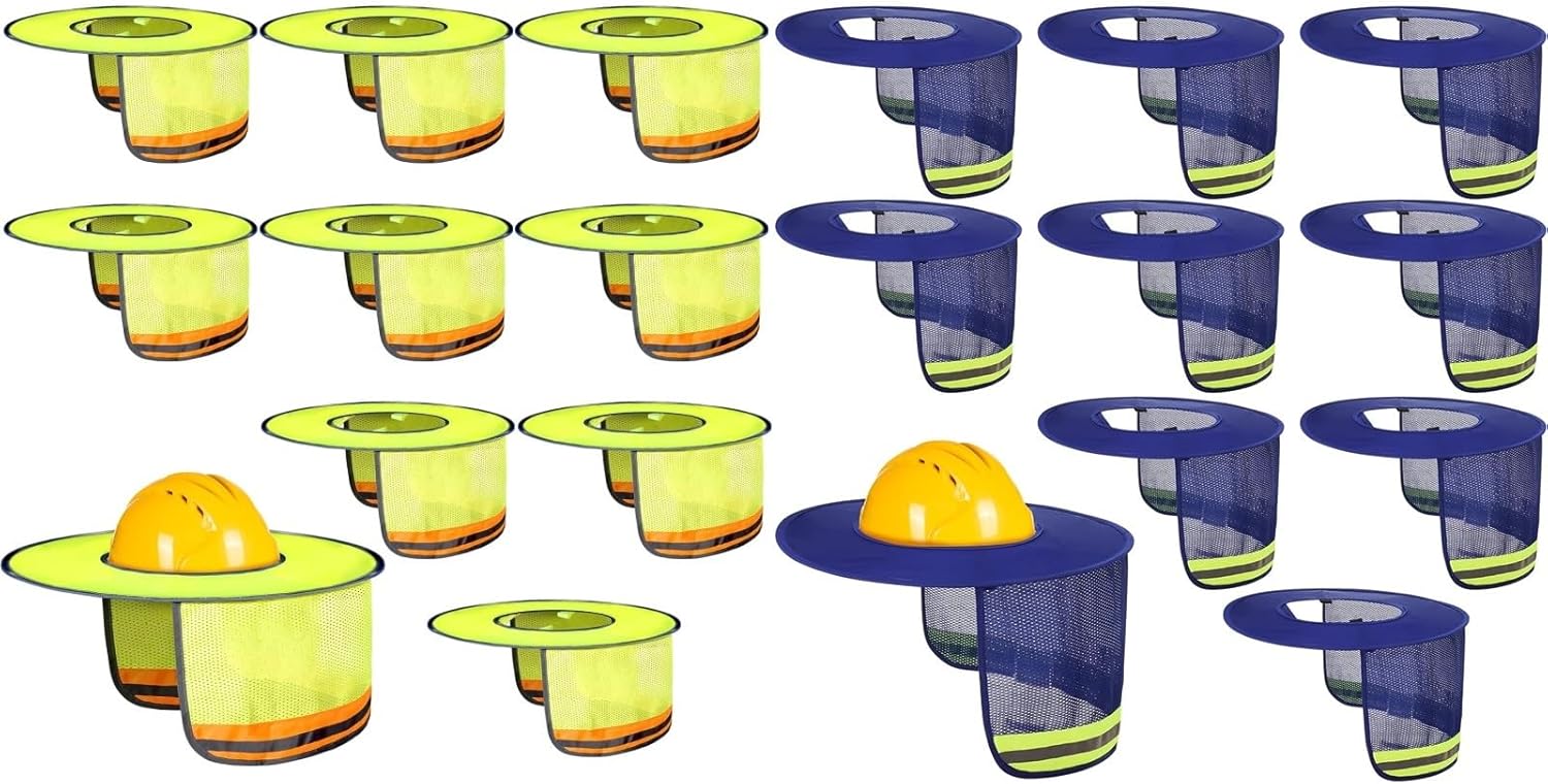 20 Pack Hard Hat Sun Shade Full Brim Hard Hat Sun Shield High Visibility Hard Hat Visor with Reflective Strip for Hard Hat Accessories Construction Sites, Hard Hat Not Included Yellow Blue